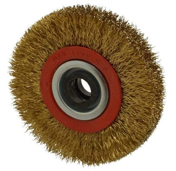 Value Collection - 4" OD, 3/4" Arbor Hole, Crimped Brass-Coated Steel Wheel Brush - 3/4" Face Width, 11/16" Trim Length, 0.012" Filament Diam, 8,000 RPM - Benchmark Tooling