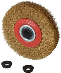 Value Collection - 5" OD, 3/4" Arbor Hole, Crimped Brass-Coated Steel Wheel Brush - 1" Face Width, 1-3/32" Trim Length, 0.012" Filament Diam, 6,000 RPM - Benchmark Tooling