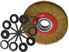 Value Collection - 7" OD, 1-1/4" Arbor Hole, Crimped Brass-Coated Steel Wheel Brush - 3/4" Face Width, 1-1/2" Trim Length, 0.012" Filament Diam, 6,000 RPM - Benchmark Tooling