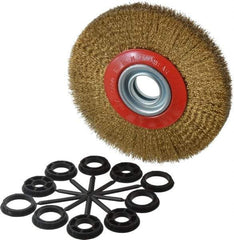 Value Collection - 7" OD, 1-1/4" Arbor Hole, Crimped Brass-Coated Steel Wheel Brush - 1" Face Width, 1-1/2" Trim Length, 0.012" Filament Diam, 6,000 RPM - Benchmark Tooling