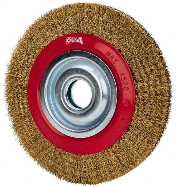 Value Collection - 8" OD, 1-1/4" Arbor Hole, Crimped Brass-Coated Steel Wheel Brush - 3/4" Face Width, 1-11/32" Trim Length, 0.012" Filament Diam, 4,500 RPM - Benchmark Tooling