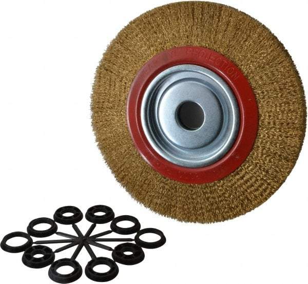 Value Collection - 10" OD, 1-1/4" Arbor Hole, Crimped Brass-Coated Steel Wheel Brush - 1" Face Width, 1-15/32" Trim Length, 0.012" Filament Diam, 3,000 RPM - Benchmark Tooling