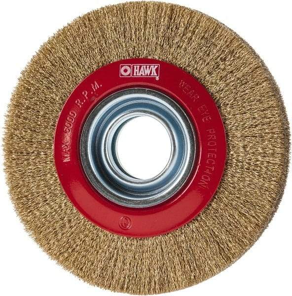 Value Collection - 6" OD, 1-1/4" Arbor Hole, Crimped Brass-Coated Steel Wheel Brush - 1" Face Width, 1-1/8" Trim Length, 0.007" Filament Diam, 6,000 RPM - Benchmark Tooling