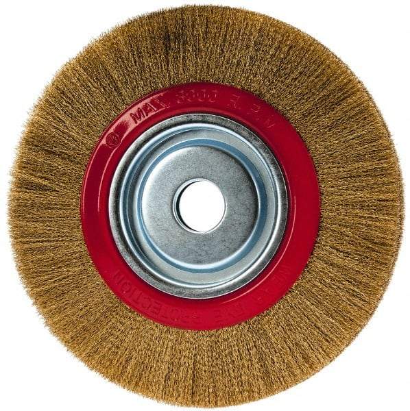 Value Collection - 10" OD, 1-1/4" Arbor Hole, Crimped Brass-Coated Steel Wheel Brush - 1" Face Width, 1-15/32" Trim Length, 0.007" Filament Diam, 3,000 RPM - Benchmark Tooling