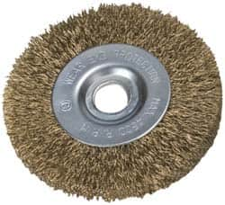 Value Collection - 2" OD, 3/8" Arbor Hole, Crimped Brass-Coated Steel Wheel Brush - 9/32" Face Width, 3/8" Trim Length, 0.007" Filament Diam, 4,500 RPM - Benchmark Tooling