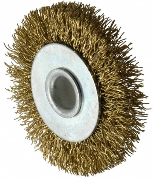 Value Collection - 2" OD, 3/8" Arbor Hole, Crimped Brass-Coated Steel Wheel Brush - 9/32" Face Width, 3/8" Trim Length, 0.012" Filament Diam, 4,500 RPM - Benchmark Tooling