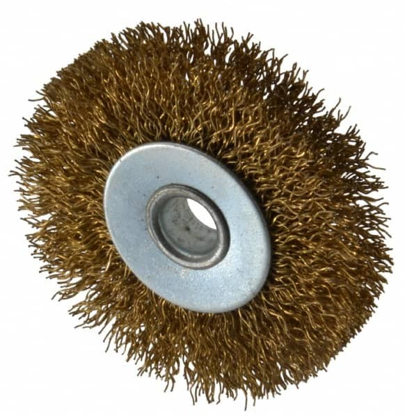 Value Collection - 2-1/2" OD, 3/8" Arbor Hole, Crimped Brass-Coated Steel Wheel Brush - 3/8" Face Width, 1/2" Trim Length, 0.012" Filament Diam, 4,500 RPM - Benchmark Tooling