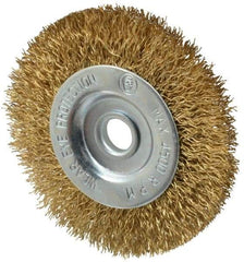 Value Collection - 3" OD, 3/8" Arbor Hole, Crimped Brass-Coated Steel Wheel Brush - 3/8" Face Width, 5/8" Trim Length, 0.012" Filament Diam, 4,500 RPM - Benchmark Tooling