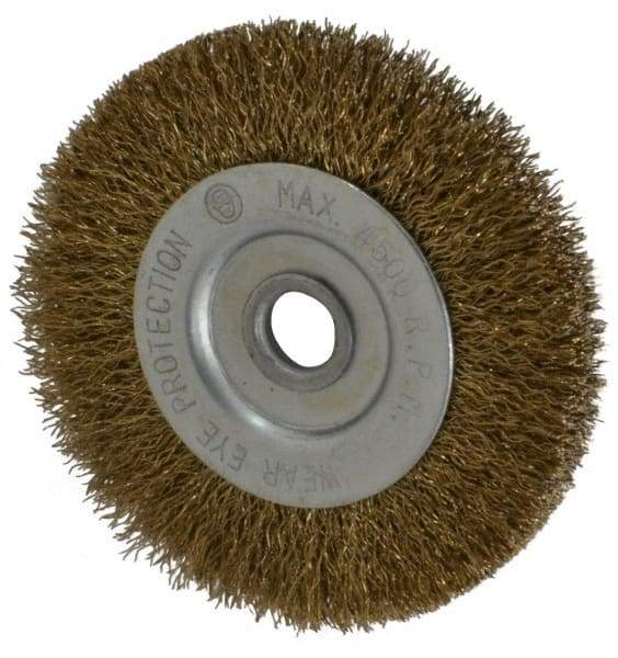 Value Collection - 3" OD, 3/8" Arbor Hole, Crimped Brass-Coated Steel Wheel Brush - 3/8" Face Width, 5/8" Trim Length, 0.007" Filament Diam, 4,500 RPM - Benchmark Tooling