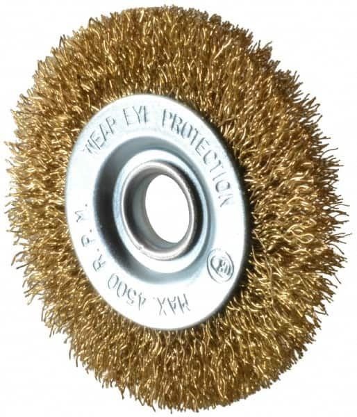 Value Collection - 3" OD, 1/2" Arbor Hole, Crimped Brass-Coated Steel Wheel Brush - 3/8" Face Width, 5/8" Trim Length, 0.012" Filament Diam, 4,500 RPM - Benchmark Tooling