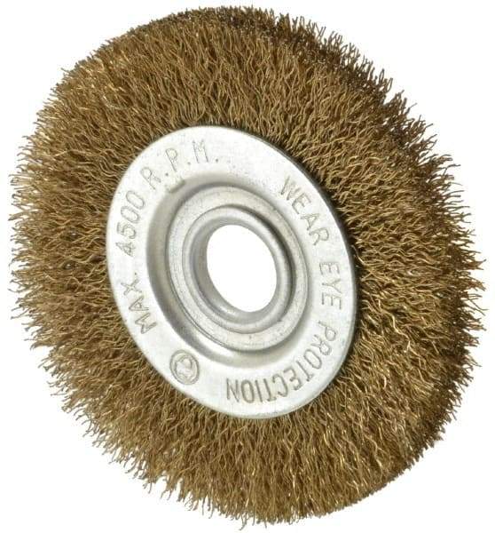 Value Collection - 3" OD, 1/2" Arbor Hole, Crimped Brass-Coated Steel Wheel Brush - 3/8" Face Width, 5/8" Trim Length, 0.007" Filament Diam, 4,500 RPM - Benchmark Tooling