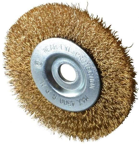 Value Collection - 4" OD, 1/2" Arbor Hole, Crimped Brass-Coated Steel Wheel Brush - 1/2" Face Width, 7/8" Trim Length, 0.012" Filament Diam, 4,500 RPM - Benchmark Tooling