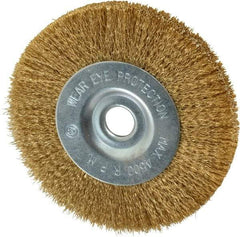 Value Collection - 4" OD, 1/2" Arbor Hole, Crimped Brass-Coated Steel Wheel Brush - 1/2" Face Width, 7/8" Trim Length, 0.007" Filament Diam, 4,500 RPM - Benchmark Tooling