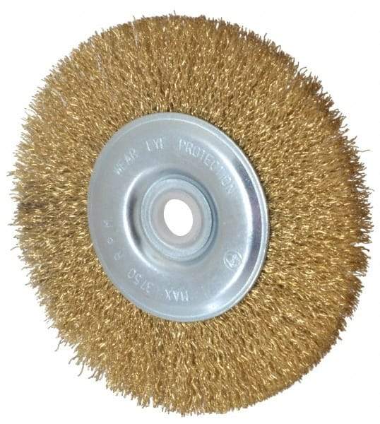 Value Collection - 5" OD, 5/8" Arbor Hole, Crimped Brass-Coated Steel Wheel Brush - 1/2" Face Width, 3/4" Trim Length, 0.012" Filament Diam, 3,750 RPM - Benchmark Tooling