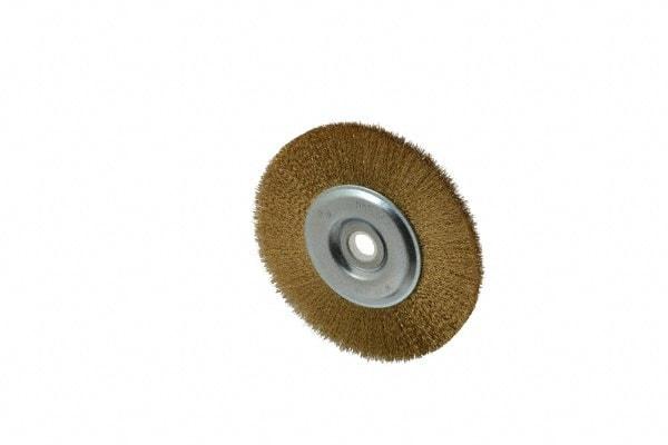 Value Collection - 5" OD, 5/8" Arbor Hole, Crimped Brass-Coated Steel Wheel Brush - 1/2" Face Width, 3/4" Trim Length, 0.012" Filament Diam, 3,750 RPM - Benchmark Tooling