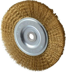 Value Collection - 6" OD, 5/8" Arbor Hole, Crimped Brass-Coated Steel Wheel Brush - 1/2" Face Width, 1-3/8" Trim Length, 0.012" Filament Diam, 3,750 RPM - Benchmark Tooling