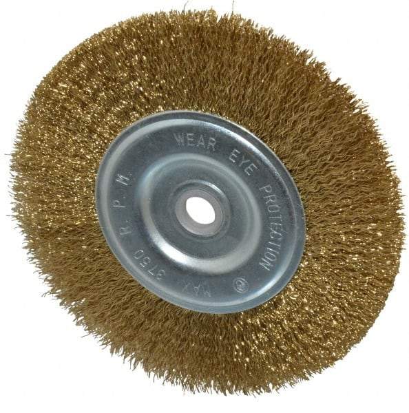 Value Collection - 6" OD, 5/8" Arbor Hole, Crimped Brass-Coated Steel Wheel Brush - 11/16" Face Width, 1-3/8" Trim Length, 0.012" Filament Diam, 6,000 RPM - Benchmark Tooling