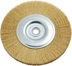 Value Collection - 6" OD, 5/8" Arbor Hole, Crimped Brass-Coated Steel Wheel Brush - 11/16" Face Width, 1-3/8" Trim Length, 0.012" Filament Diam, 3,750 RPM - Benchmark Tooling