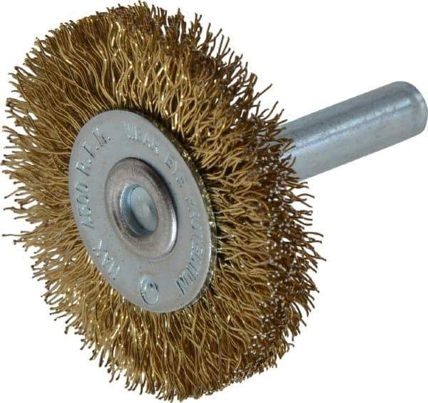 Value Collection - 1-5/8" OD, 1/4" Shank Diam, Crimped Brass-Coated Steel Wheel Brush - 3/16" Face Width, 3/8" Trim Length, 0.015" Filament Diam, 4,500 RPM - Benchmark Tooling