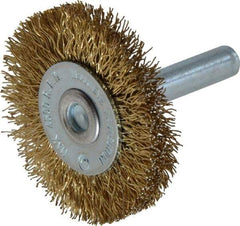 Value Collection - 1-5/8" OD, 1/4" Shank Diam, Crimped Brass-Coated Steel Wheel Brush - 3/16" Face Width, 3/8" Trim Length, 0.015" Filament Diam, 4,500 RPM - Benchmark Tooling