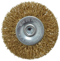 Value Collection - 2" OD, 1/4" Shank Diam, Crimped Brass-Coated Steel Wheel Brush - 9/32" Face Width, 3/8" Trim Length, 0.015" Filament Diam, 4,500 RPM - Benchmark Tooling