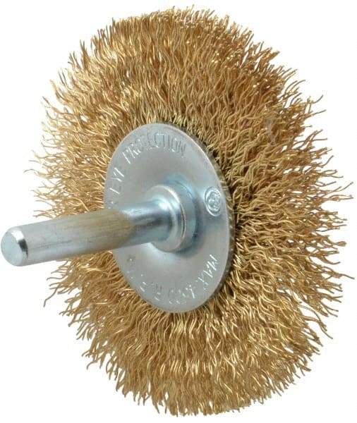 Value Collection - 2-1/2" OD, 1/4" Shank Diam, Crimped Brass-Coated Steel Wheel Brush - 11/32" Face Width, 1/2" Trim Length, 0.015" Filament Diam, 4,500 RPM - Benchmark Tooling