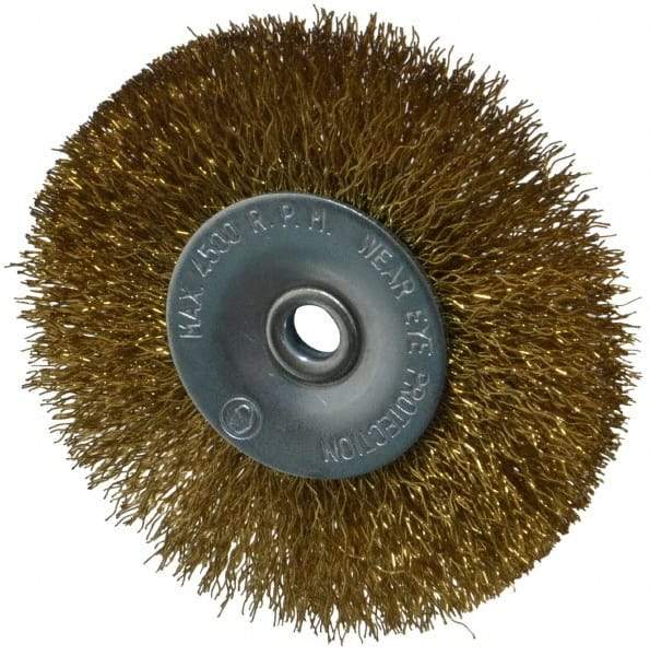 Value Collection - 2-1/2" OD, 1/4" Shank Diam, Crimped Brass-Coated Steel Wheel Brush - 11/32" Face Width, 1/2" Trim Length, 0.008" Filament Diam, 4,500 RPM - Benchmark Tooling