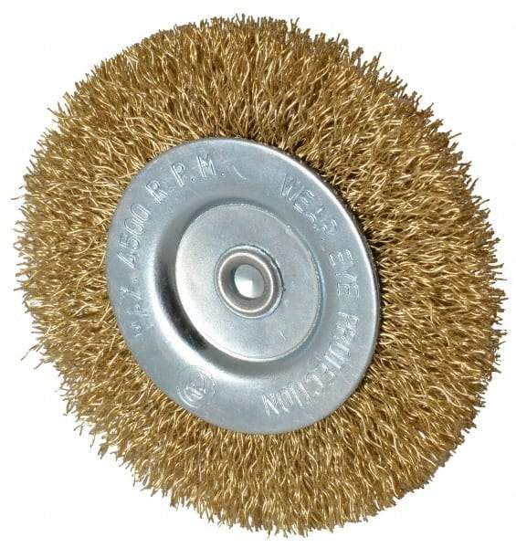 Value Collection - 3" OD, 1/4" Shank Diam, Crimped Brass-Coated Steel Wheel Brush - 3/8" Face Width, 5/8" Trim Length, 0.015" Filament Diam, 4,500 RPM - Benchmark Tooling