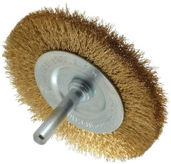 Value Collection - 3" OD, 1/4" Shank Diam, Crimped Brass-Coated Steel Wheel Brush - 3/8" Face Width, 5/8" Trim Length, 0.008" Filament Diam, 4,500 RPM - Benchmark Tooling