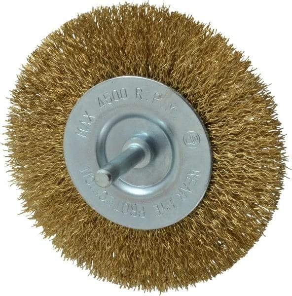 Value Collection - 4" OD, 1/4" Shank Diam, Crimped Brass-Coated Steel Wheel Brush - 15/32" Face Width, 7/8" Trim Length, 0.015" Filament Diam, 4,500 RPM - Benchmark Tooling