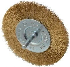 Value Collection - 4" OD, 1/4" Shank Diam, Crimped Brass-Coated Steel Wheel Brush - 15/32" Face Width, 7/8" Trim Length, 0.008" Filament Diam, 4,500 RPM - Benchmark Tooling