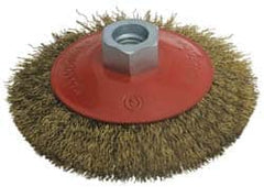 Value Collection - 4" OD, M14x2.00 Arbor Hole, Crimped Brass-Coated Steel Wheel Brush - 3/4" Face Width, 0.008" Filament Diam, 12,500 RPM - Benchmark Tooling