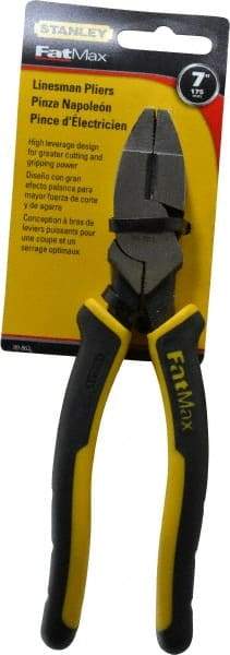 Stanley - 7-5/8" OAL, 1-1/2" Jaw Length x 1" Jaw Width, Side Cutting Linesman's Pliers - Serrated Jaw, Flat Nose Head, Bi-Material Cushion Grip Handles - Benchmark Tooling