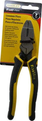 Stanley - 7-5/8" OAL, 1-1/2" Jaw Length x 1" Jaw Width, Side Cutting Linesman's Pliers - Serrated Jaw, Flat Nose Head, Bi-Material Cushion Grip Handles - Benchmark Tooling