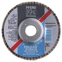 PFERD - 60 Grit, 4-1/2" Disc Diam, 5/8-11 Center Hole, Type 27 Zirconia Alumina Flap Disc - 13,300 Max RPM, Fiberglass Backing, Arbor Attaching System, Coated - Benchmark Tooling