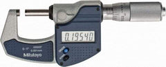 Mitutoyo - 0 to 1" Range, 0.0001" Resolution, Standard Throat, Electronic Outside Micrometer - 0.0001" Accuracy, Friction Thimble, Carbide Face, SR44 Battery, Plastic Case, Includes NIST Traceable Certification of Inspection - Benchmark Tooling