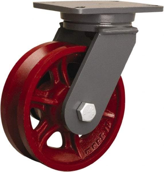 Hamilton - 8" Diam x 2-3/4" Wide, Iron Swivel Caster - 2,500 Lb Capacity, Top Plate Mount, 5-1/4" x 7-1/4" Plate, Straight Roller Bearing - Benchmark Tooling