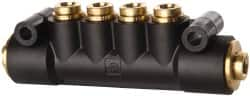 Parker - 1/4" Inlet, 1/4" Outlet Manifold - 3.98" Long x 0.9" Wide 0.21" Mount Hole, 200°F Max, 150 Max PSI, 2 Inlet Ports, 4 Outlet Ports - Benchmark Tooling