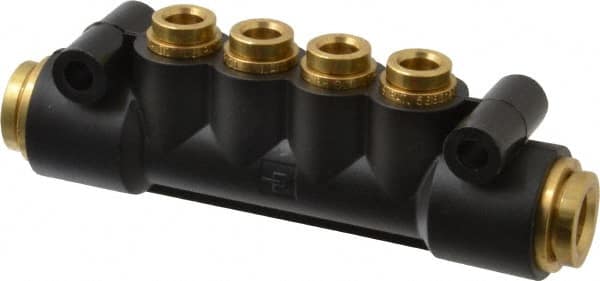 Parker - 3/8" Inlet, 1/4" Outlet Manifold - 4" Long x 0.9" Wide 0.21" Mount Hole, 200°F Max, 150 Max PSI, 2 Inlet Ports, 4 Outlet Ports - Benchmark Tooling