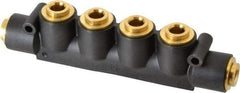 Parker - 3/8" Inlet, 3/8" Outlet Manifold - 6.49" Long x 1.02" Wide 0.22" Mount Hole, 200°F Max, 150 Max PSI, 2 Inlet Ports, 4 Outlet Ports - Benchmark Tooling