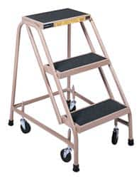 Gillis - 30" 3 Step Ladder - Rolling Steel Office Ladder, 300 Lb Capacity, 30" Platform Height, 24" Base Width x 27" Depth, Rubber Matted - Benchmark Tooling