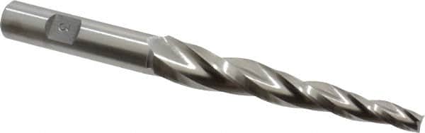 Made in USA - 3° Taper Angle per Side, 1/4" Small End Diam, 3-1/4" LOC, High Speed Steel 3 Flute Tapered Square End Mill - 5-1/2" OAL, 5/8" Shank Diam, Spiral Flute - Benchmark Tooling