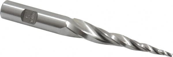 Made in USA - 5° Taper Angle per Side, 3/32" Small End Diam, 2-1/2" LOC, High Speed Steel 3 Flute Tapered Square End Mill - 4-1/2" OAL, 1/2" Shank Diam, Spiral Flute - Benchmark Tooling