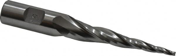 Made in USA - 5° Taper Angle per Side, 1/8" Small End Diam, 3" LOC, High Speed Steel 3 Flute Tapered Square End Mill - 5-1/2" OAL, 3/4" Shank Diam - Benchmark Tooling