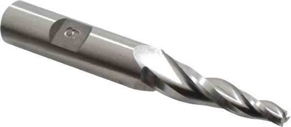 Made in USA - 5° Taper Angle per Side, 3/16" Small End Diam, 1-1/2" LOC, High Speed Steel 3 Flute Tapered Square End Mill - 4" OAL, 1/2" Shank Diam, Spiral Flute - Benchmark Tooling