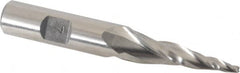 Made in USA - 7° Taper Angle per Side, 3/32" Small End Diam, 1-1/2" LOC, High Speed Steel 3 Flute Tapered Square End Mill - 3-1/4" OAL, 1/2" Shank Diam, Spiral Flute - Benchmark Tooling