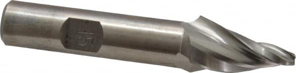Made in USA - 15° Taper Angle per Side, 1/8" Small End Diam, 1" LOC, High Speed Steel 3 Flute Tapered Square End Mill - 3" OAL, 1/2" Shank Diam, Spiral Flute - Benchmark Tooling