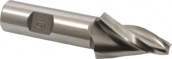 Made in USA - 15° Taper Angle per Side, 5/16" Small End Diam, 1-1/2" LOC, High Speed Steel 3 Flute Tapered Square End Mill - 3-3/4" OAL, 3/4" Shank Diam, Spiral Flute - Benchmark Tooling