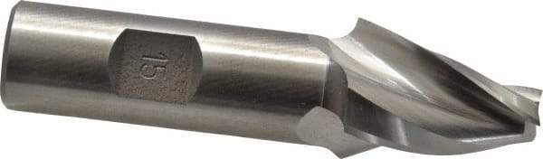 Made in USA - 15° Taper Angle per Side, 3/8" Small End Diam, 1-1/4" LOC, High Speed Steel 3 Flute Tapered Square End Mill - 3-1/2" OAL, 3/4" Shank Diam, Spiral Flute - Benchmark Tooling