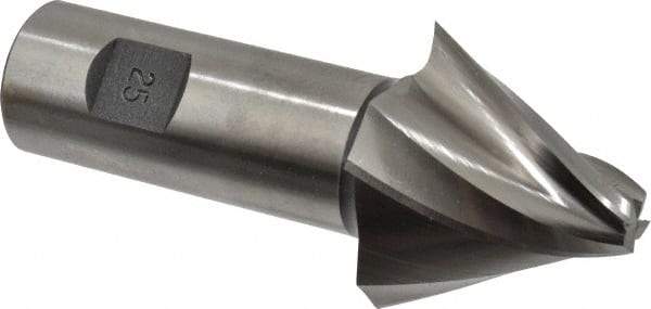 Made in USA - 25° Taper Angle per Side, 3/8" Small End Diam, 1-1/2" LOC, High Speed Steel 4 Flute Tapered Square End Mill - 4" OAL, 1" Shank Diam, Spiral Flute - Benchmark Tooling